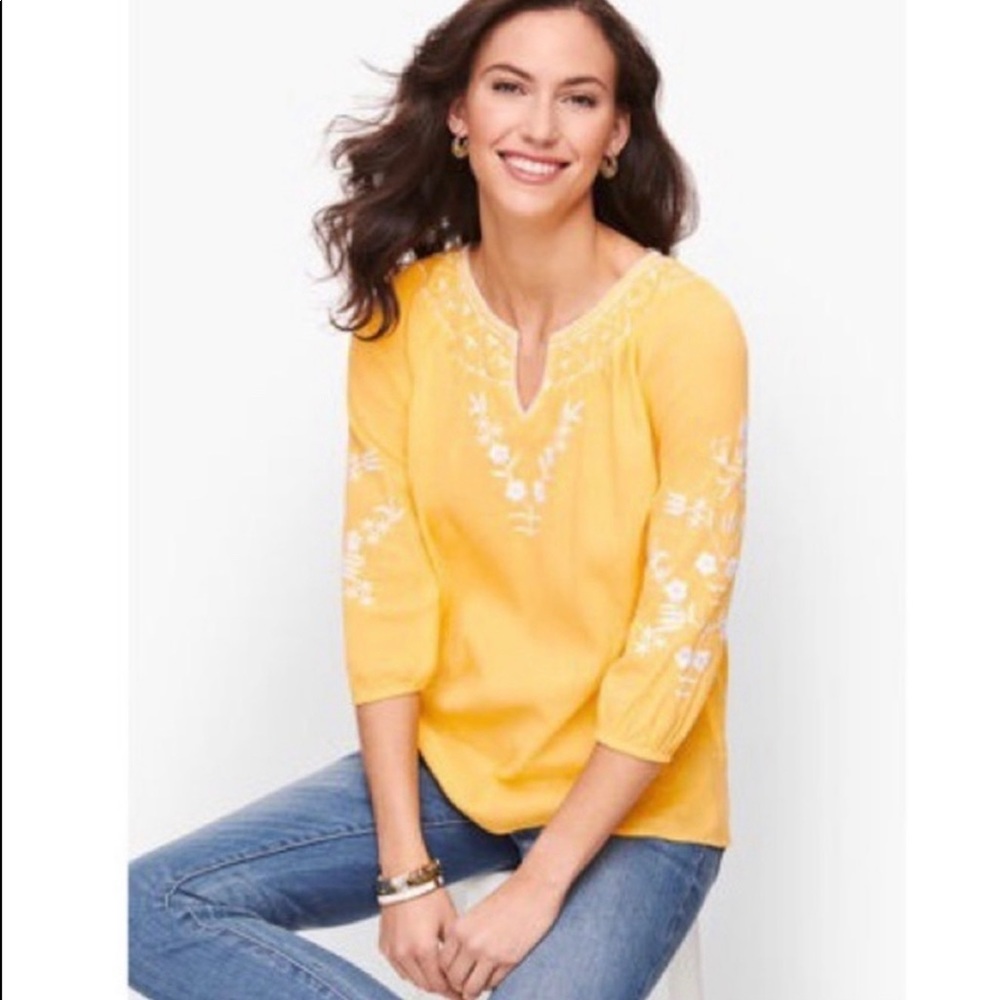Talbots Yellow Floral Embroidered Gauze Blouse